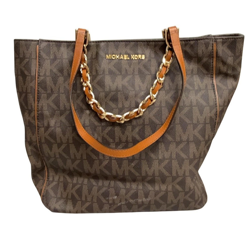 Michael Kors Tote Bag Womens Large Brown MK‎ Logo Leather Chain Shoulder Purse